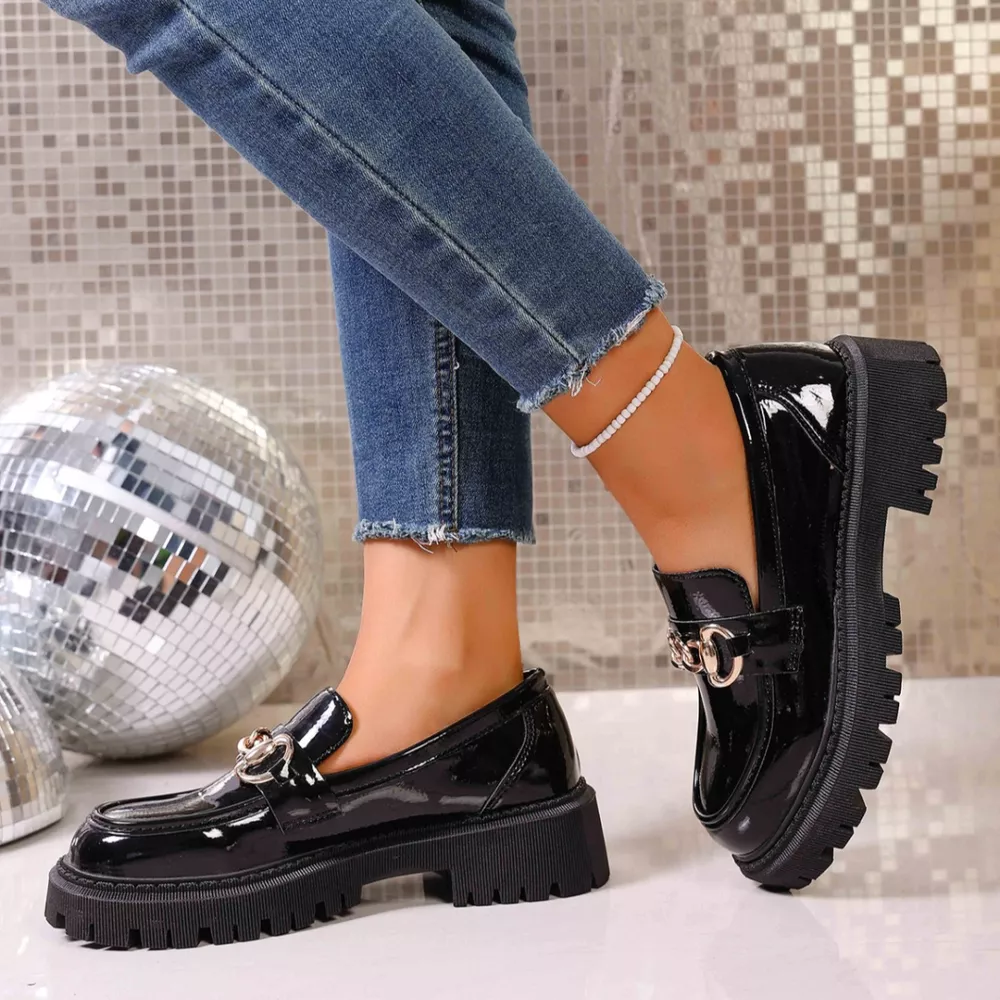 Chain Decor Round Toe Loafers, image 7