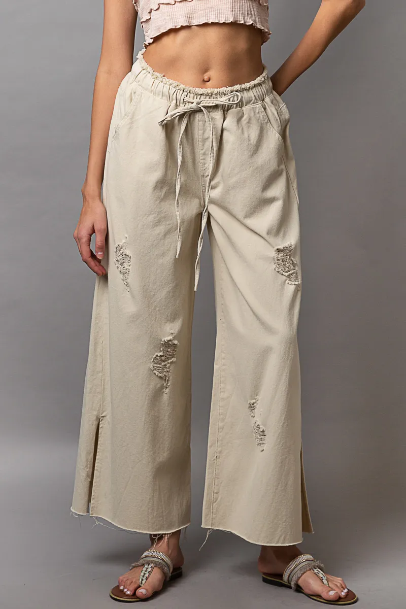 Distressed Drawstring Slit Wide leg Pants
