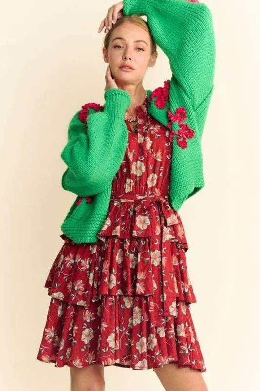 Floral Applique Open Front Drop Shoulder Cardigan, image 4