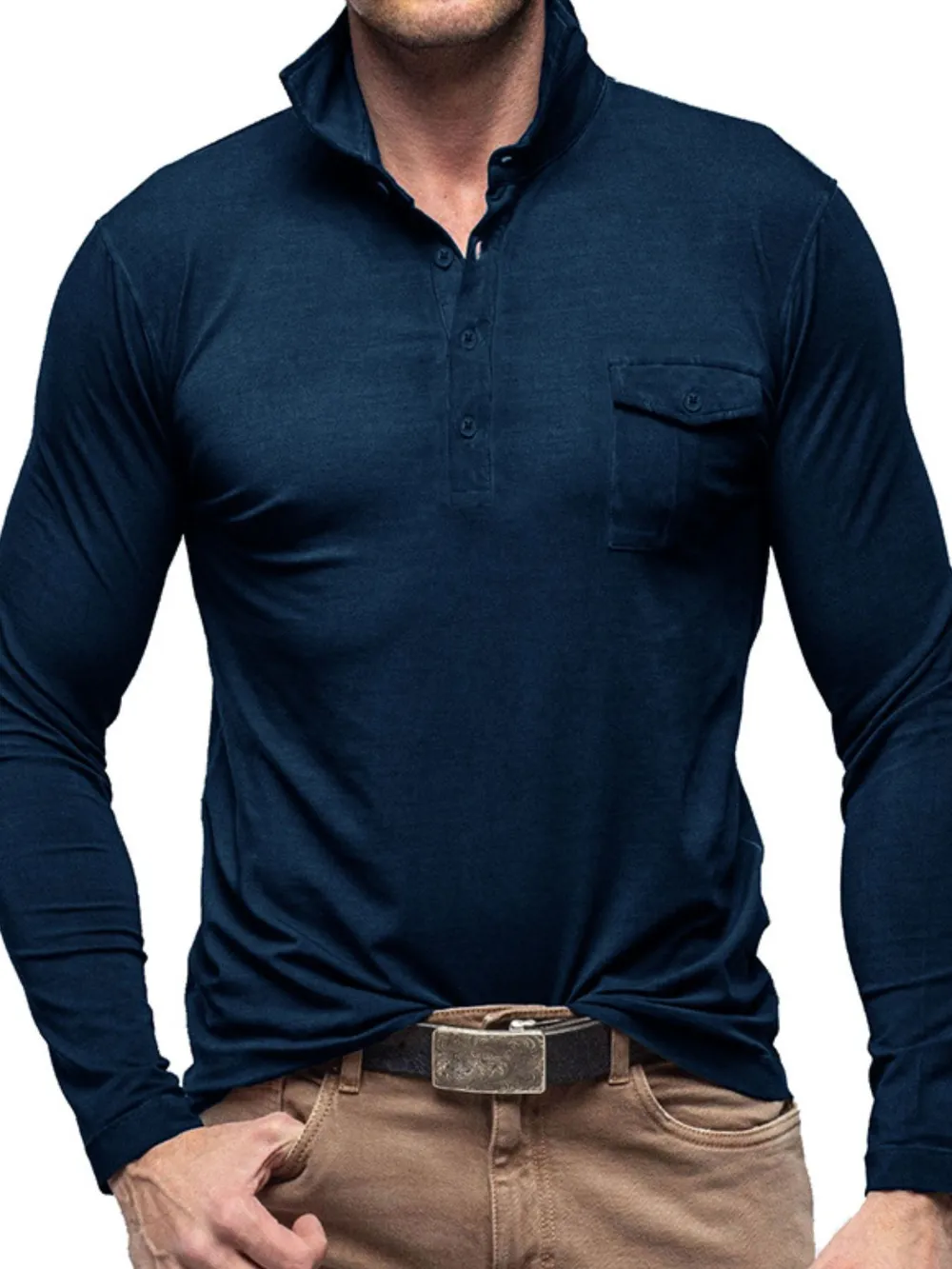 Men's Basic style Collared Neck Long Sleeve Polo, image 2