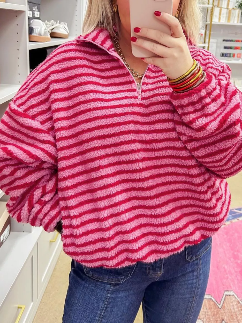 Striped Quarter-Zip Fleece Sweatshirt, image 2