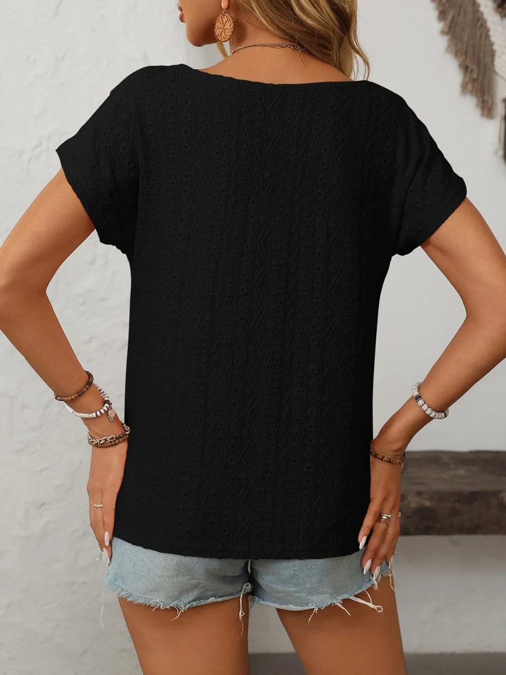 Eyelet Round Neck Short Sleeve Top, image 21