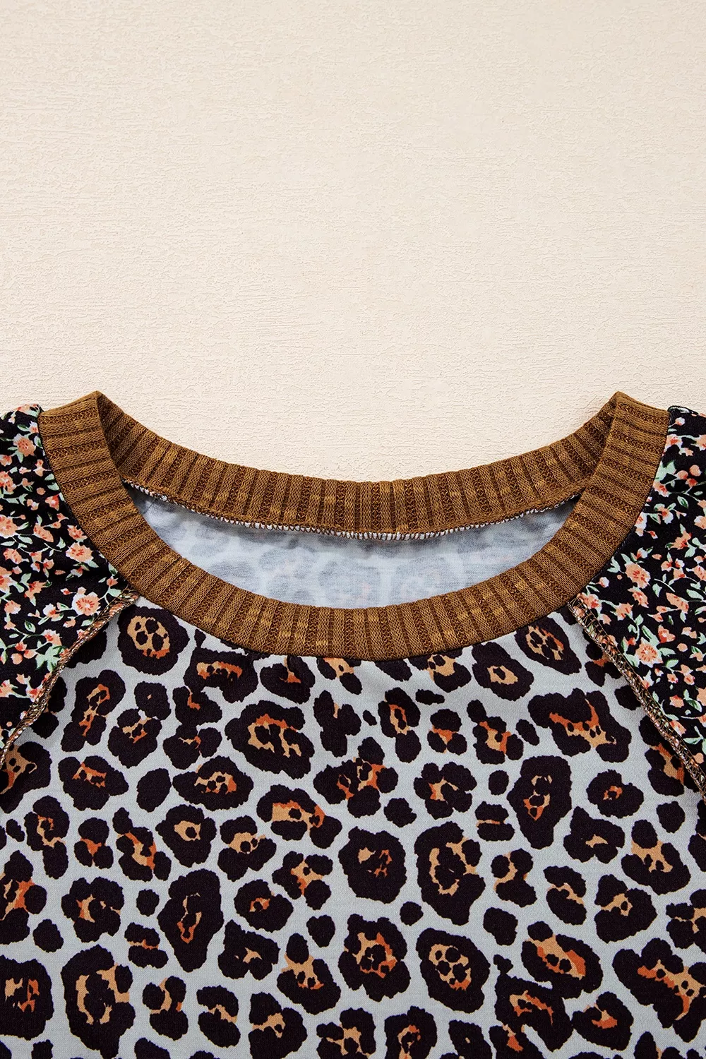 Leopard Floral Print Ribbed Puff Sleeve Patchwork Loose Sweatshirt, image 7