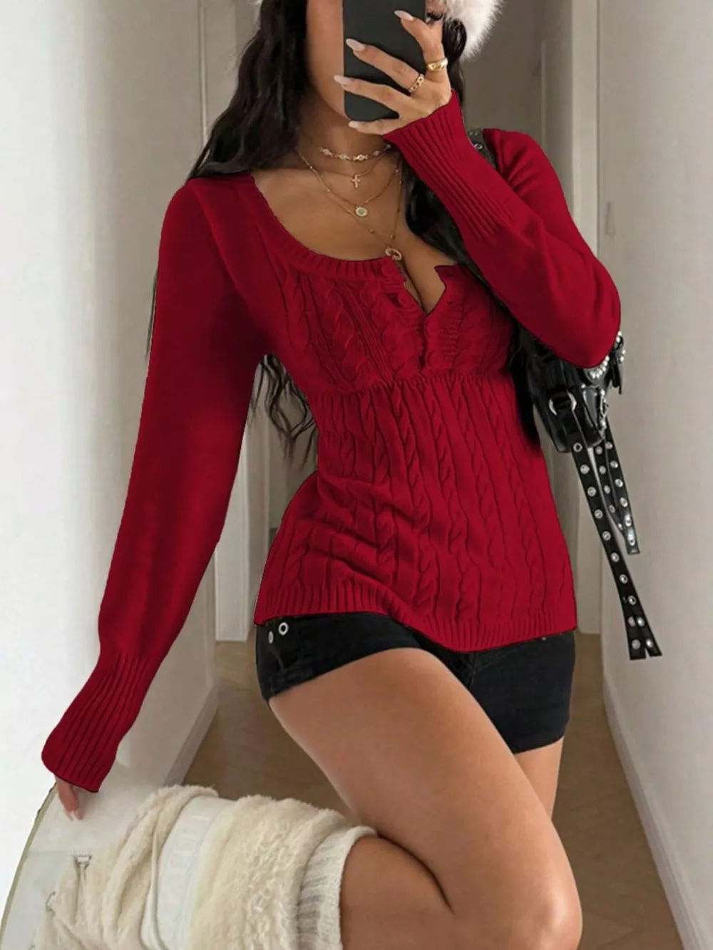 Cable Knit Button-Front Fitted Sweater, image 7