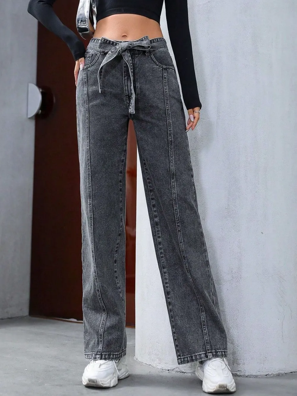 Tied Straight Leg Jeans with Pockets, image 5