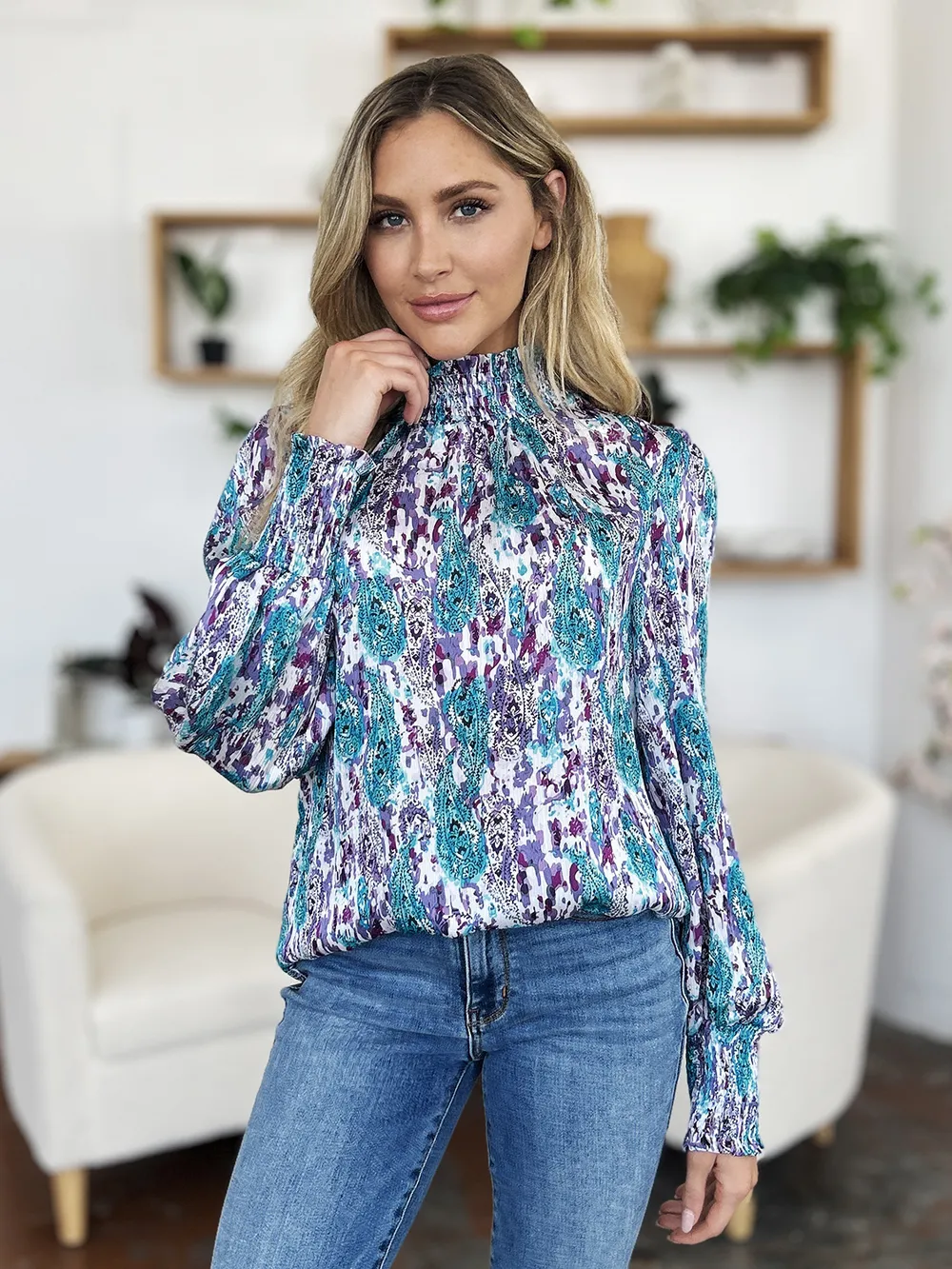 Full Size Printed Smocked Long Sleeve Blouse, image 9