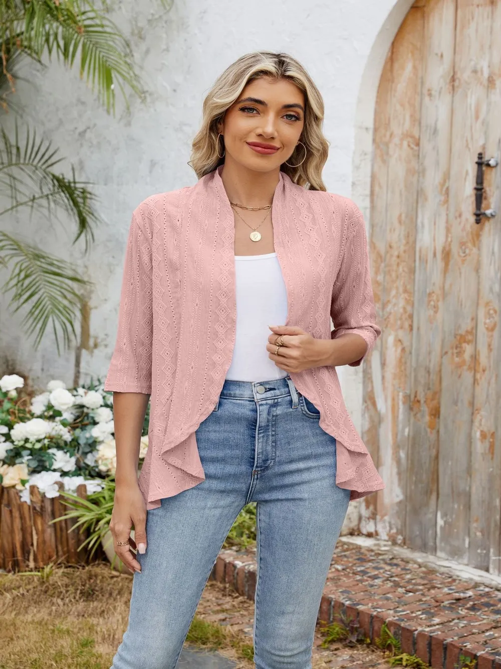 Eyelet Open Front Three-Quarter Sleeve Top, image 11