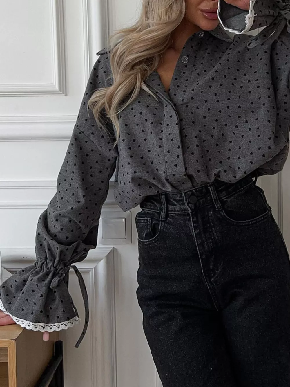 Heart Print Button Up Flounce Sleeve Shirt, image 3