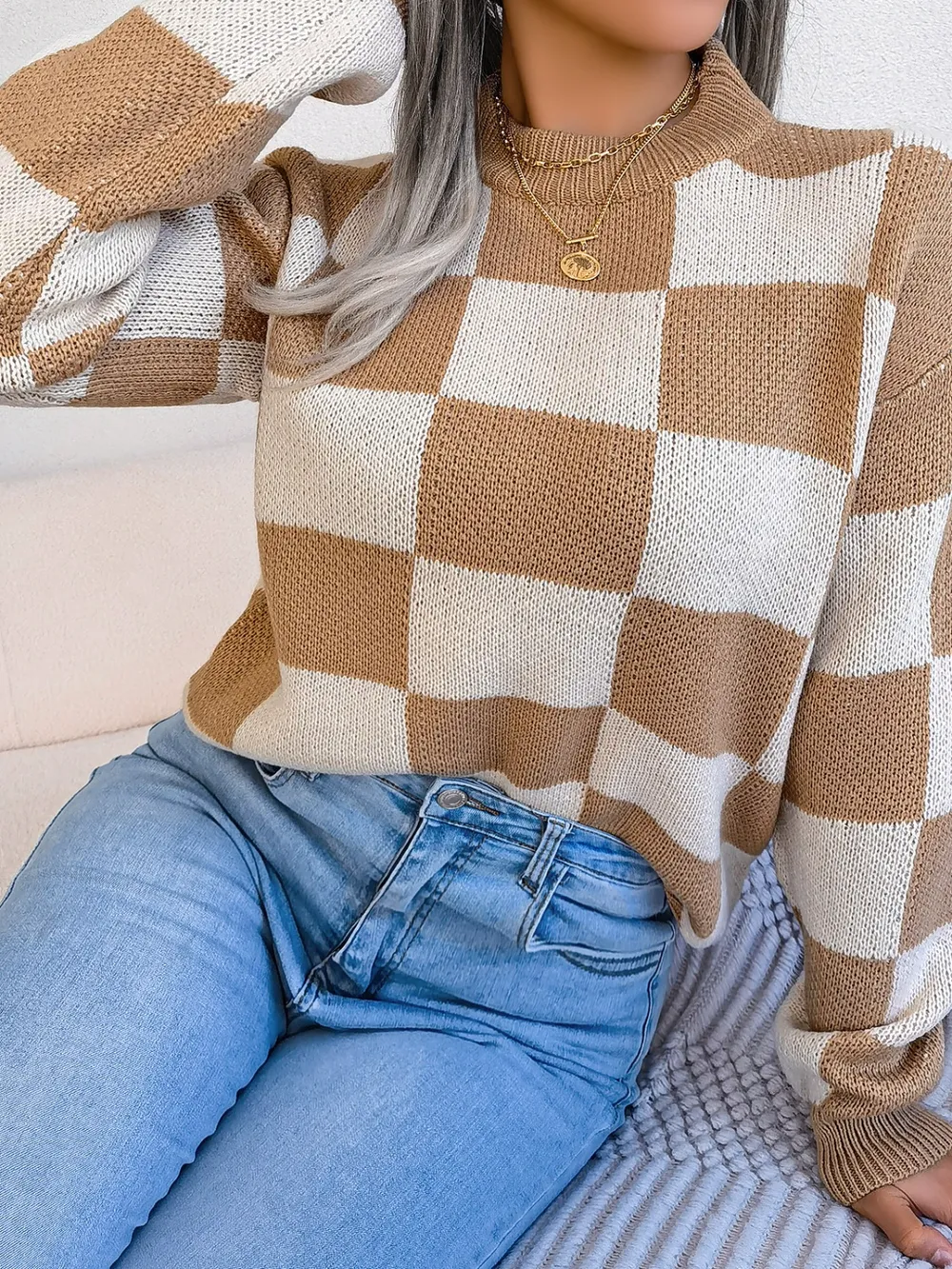 Checkered Mock Neck Long Sleeve Sweater, image 9