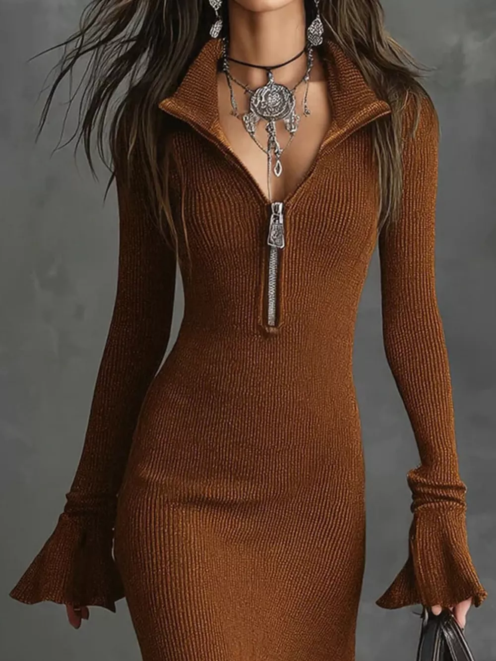 Ribbed Knit Zip Front Flare Hem Midi Dress, image 15