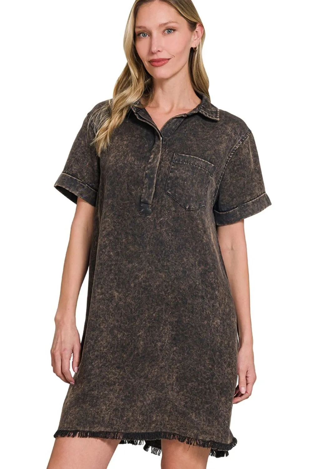 Tencel Mineral Washed Collared Shirts Dress
