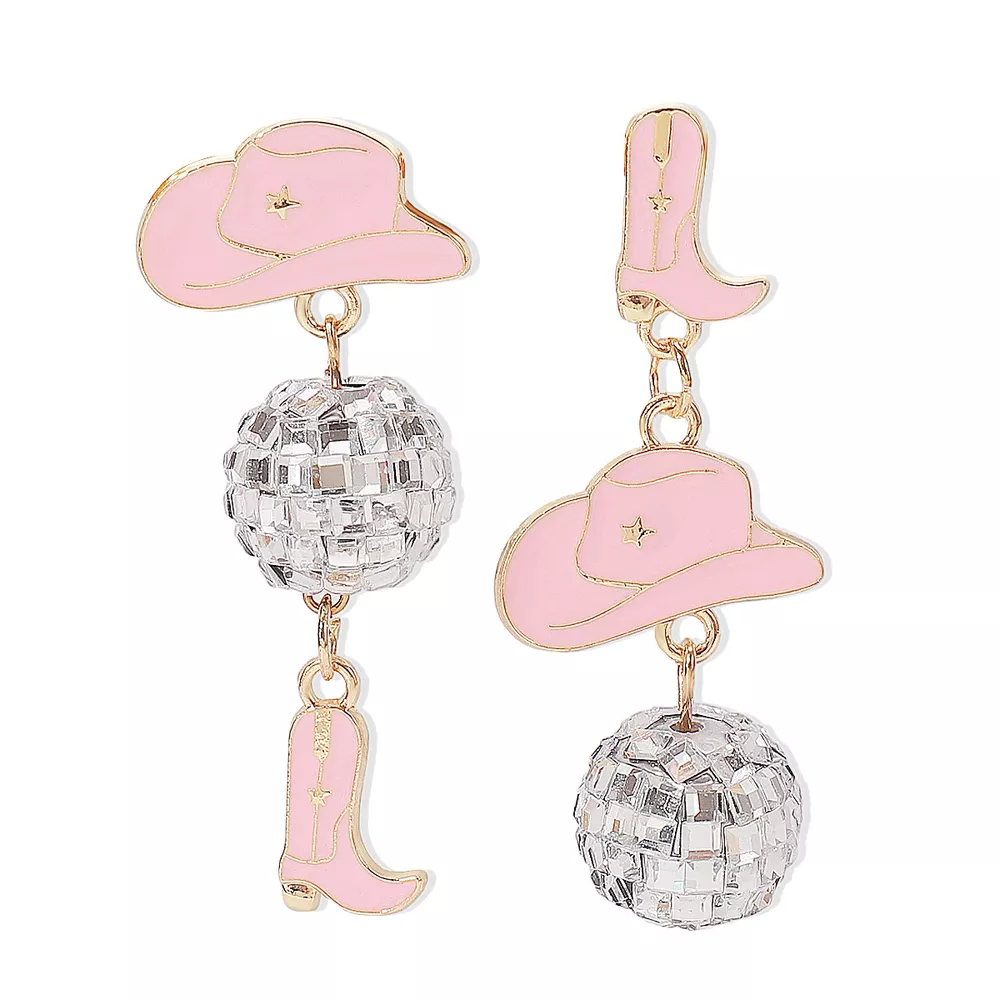 Asymmetrical Cowgirl Boot Hat Ball Dangle Earrings, image 4