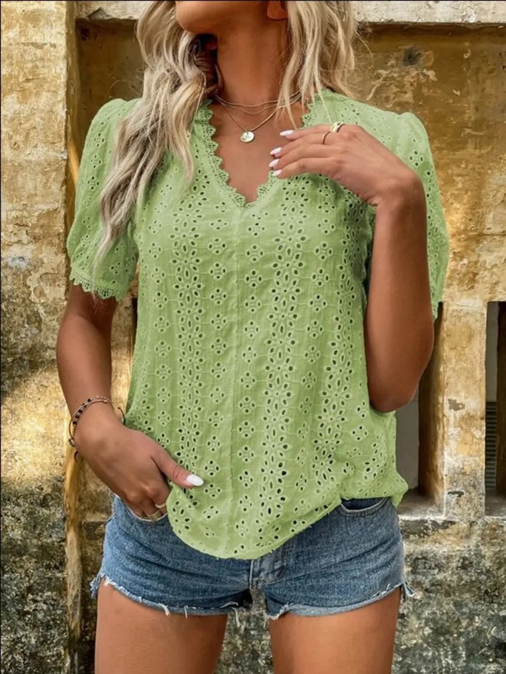 Full Size Lace Detail Eyelet V-Neck Short Sleeve Blouse Plus Size, image 7