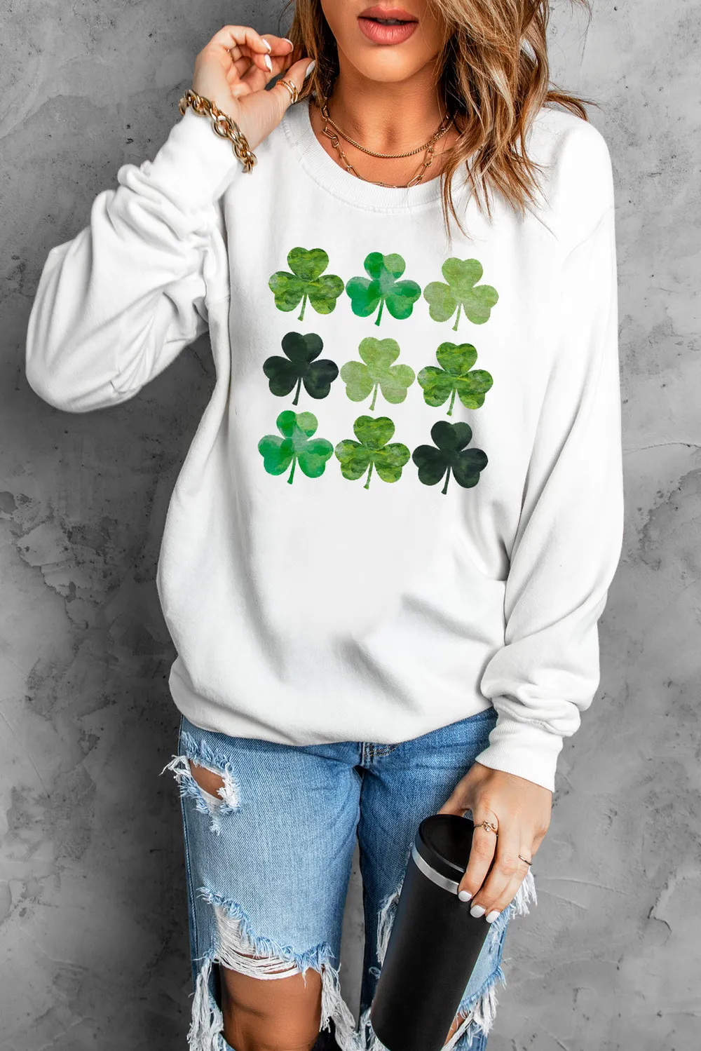 Lucky Clover Round Neck Dropped Shoulder Sweatshirt, image 3