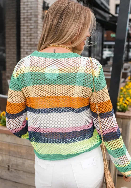 Openwork Contrast Striped Round Neck Knit Top, image 4