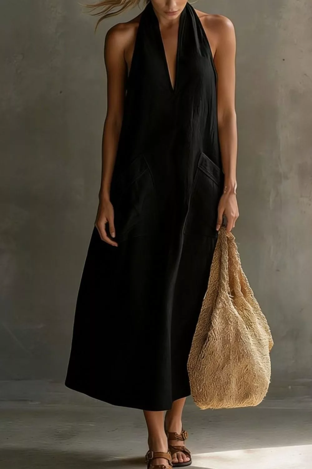 Casual Halter Neck Pocket Midi Dress, image 14