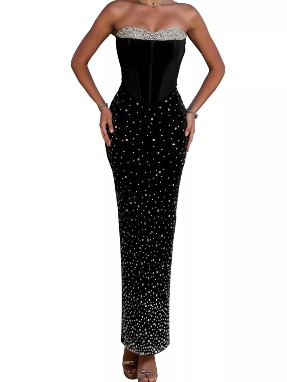 Rhinestone Slit Back Tube Maxi Dress, image 6
