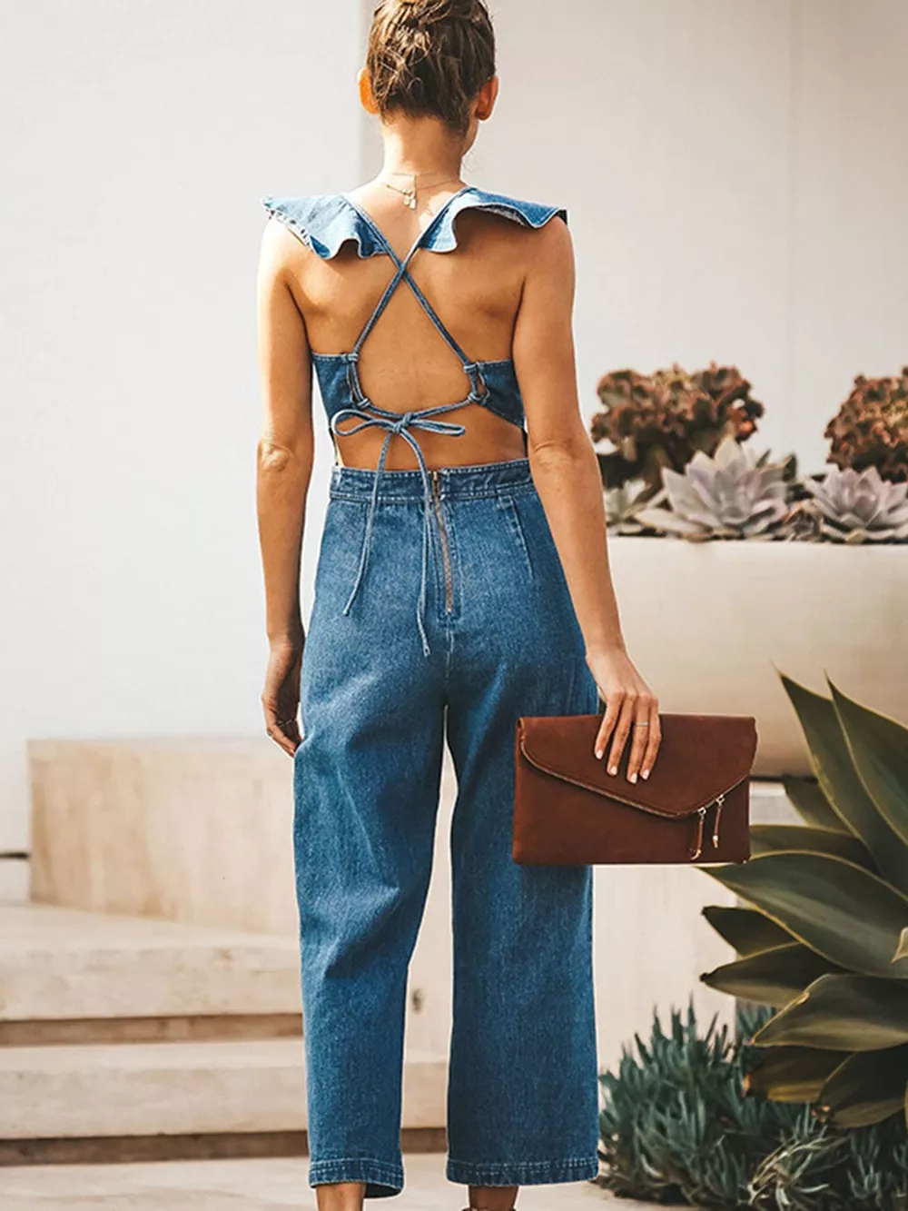 Ruffled Sleeveless Denim Jumpsuit, image 3