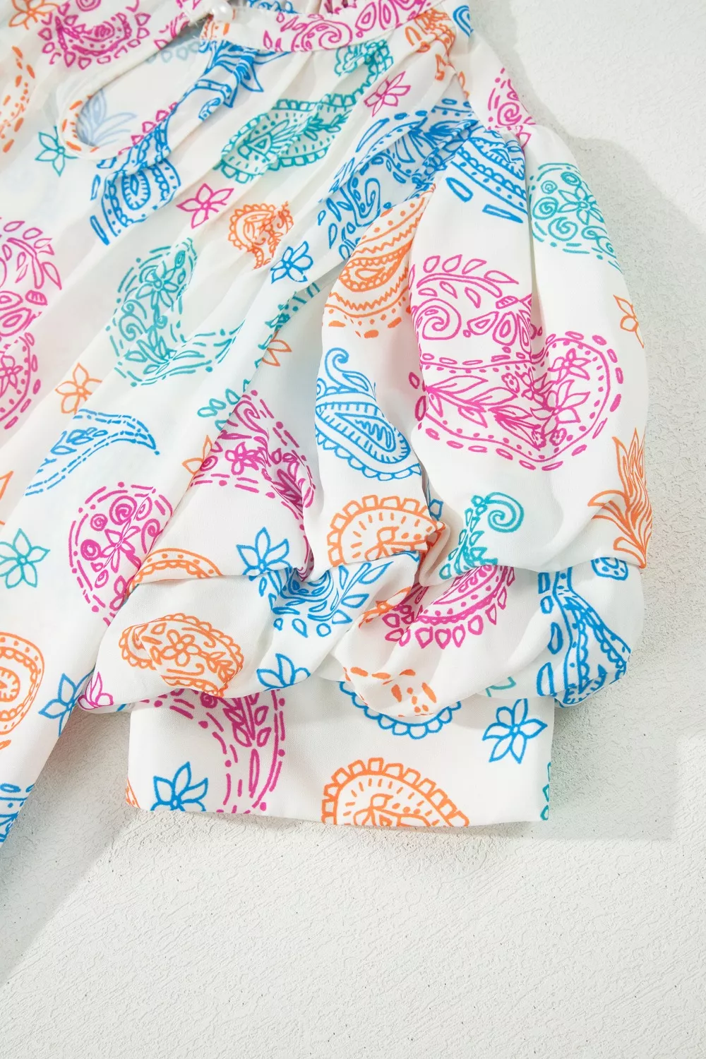 Multicolour Vibrant Paisley Printed Button Keyhole Puff Sleeve Blouse, image 9