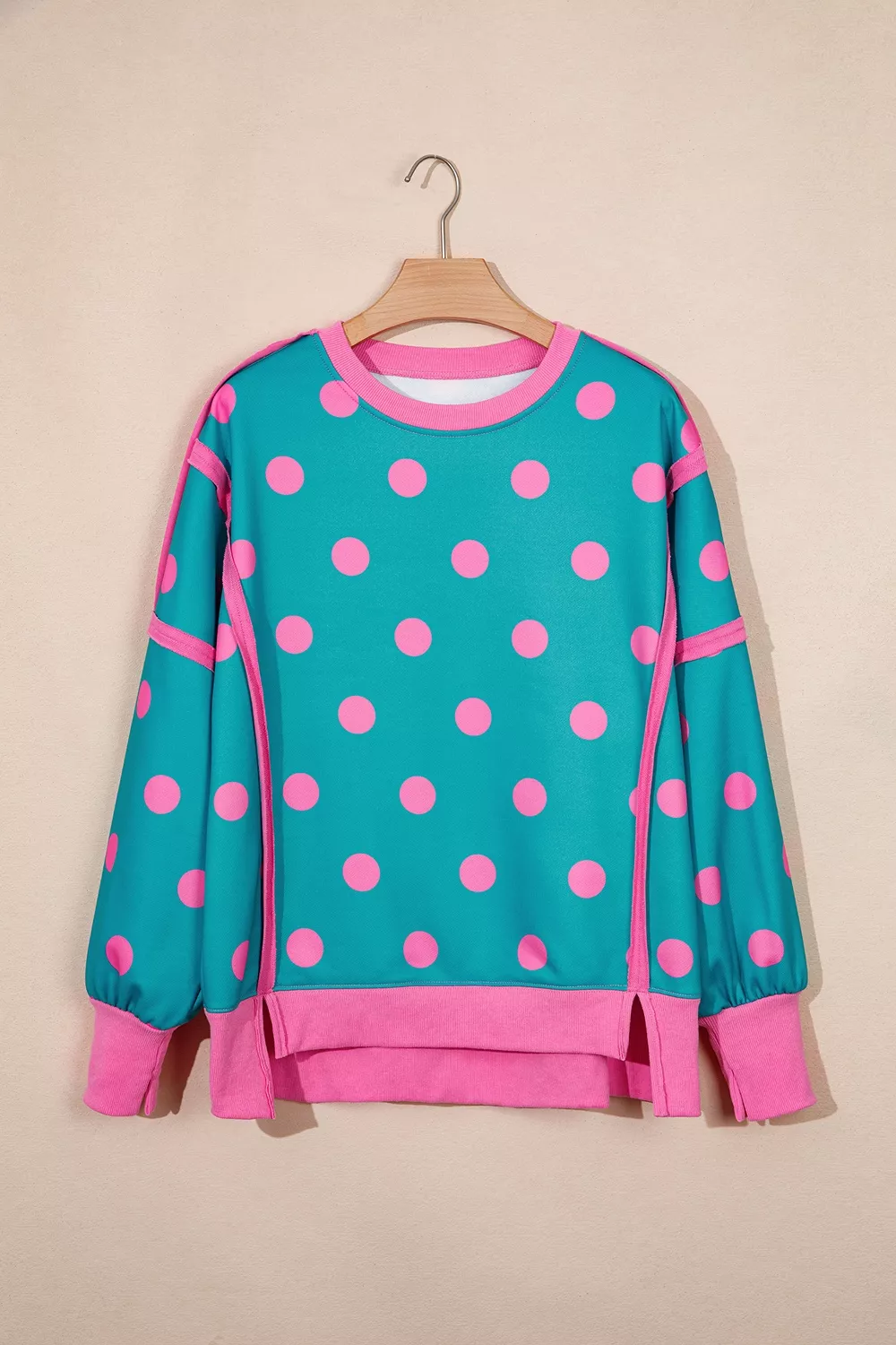Polka Dot Contrast Patchwork Round Neck Baggy Sweatshirt, image 7