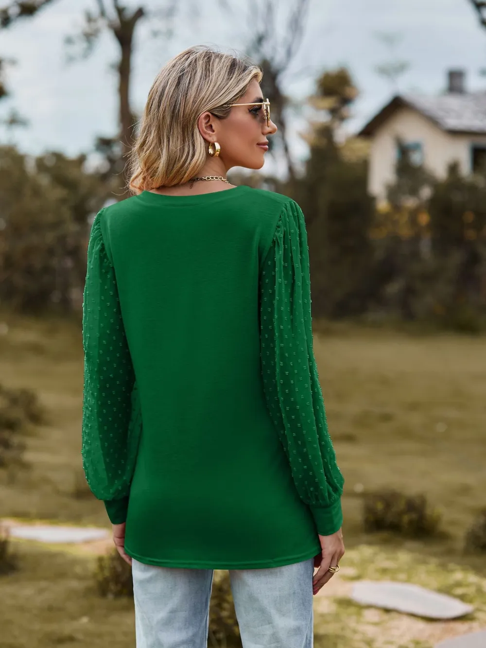 Swiss Dot V-Neck Long Sleeve Blouse, image 4