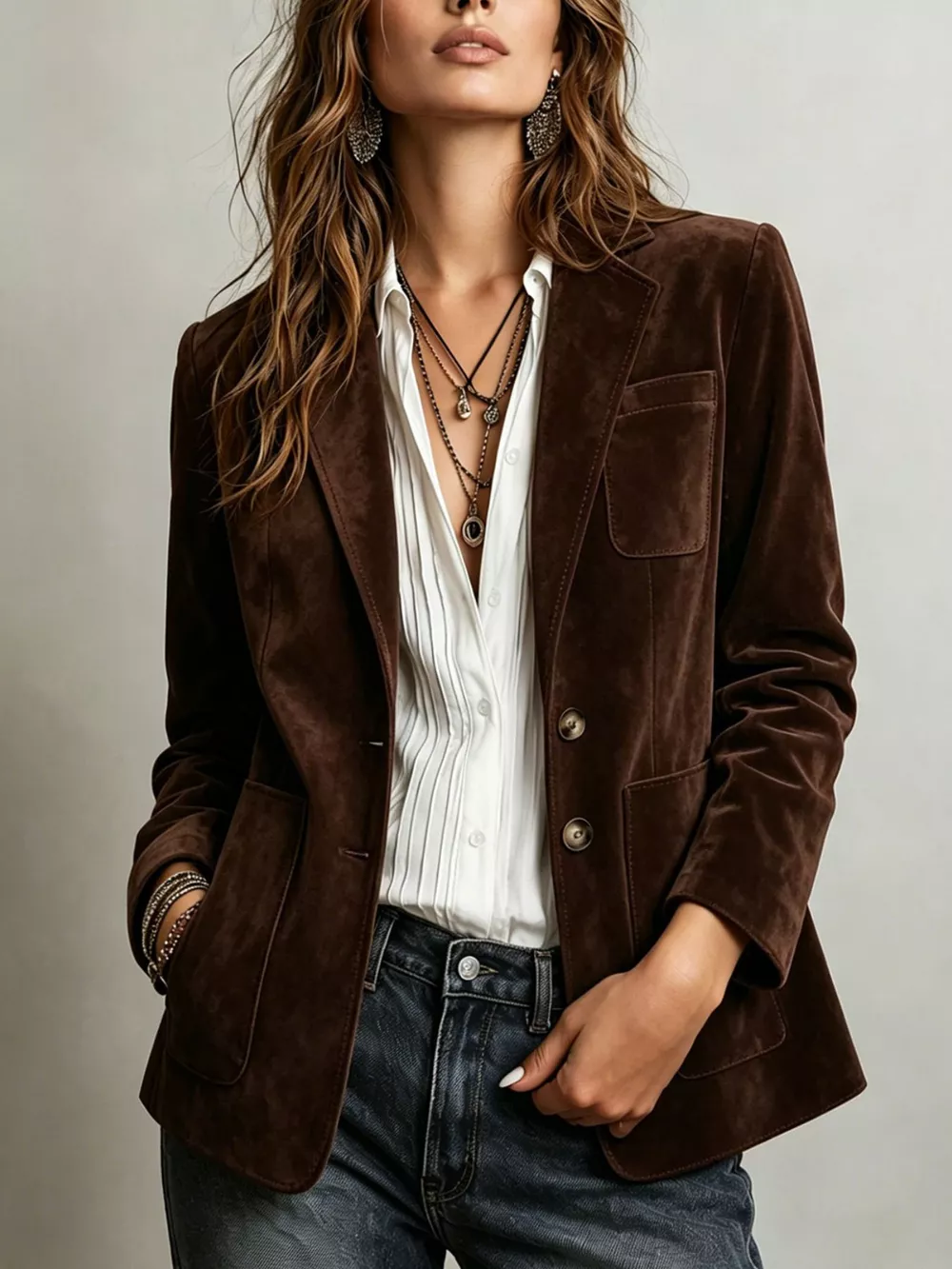 Classic Suede Single-Breasted Blazer Jacket, image 6