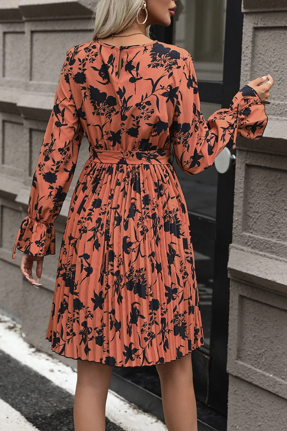 Tie-Waist Printed Pleated Mini Dress, image 2