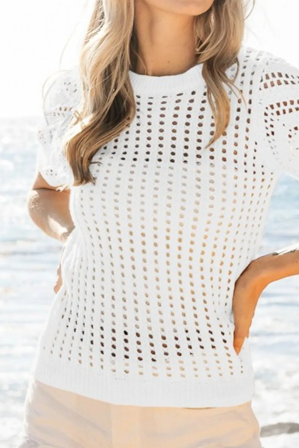Crochet Knit Cover Up With Puff Sleeves, image 3
