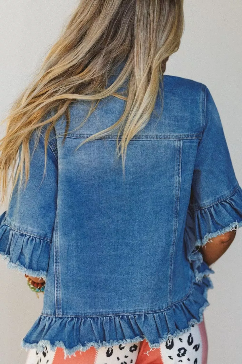 Ruffle Hem Raw Edge Half Sleeve Western Denim Jacket, image 2