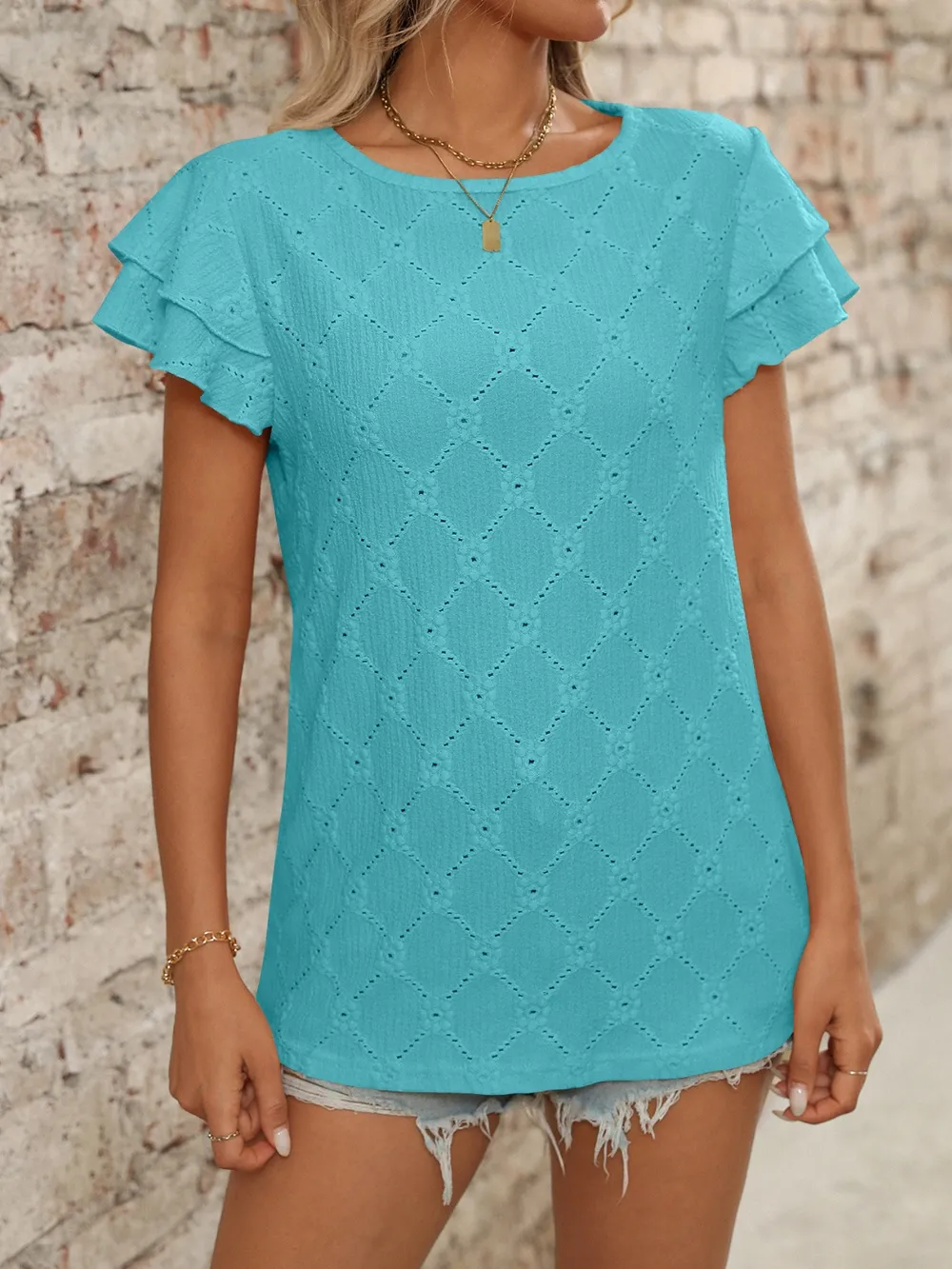 Eyelet Round Neck Double Layered Ruffled Short Sleeve Top, image 10
