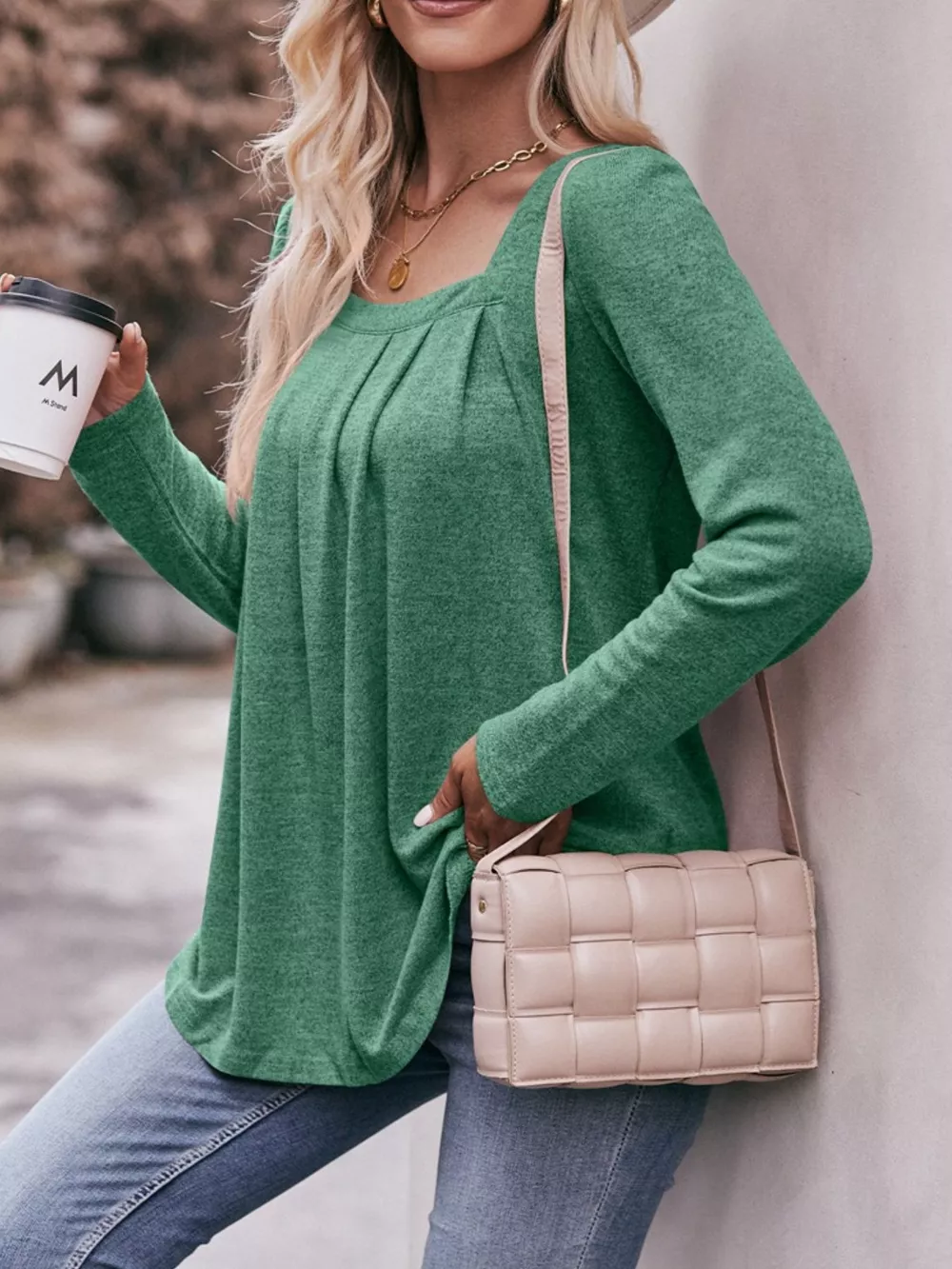 Pleated Square Neck Long Sleeve T-Shirt, image 7