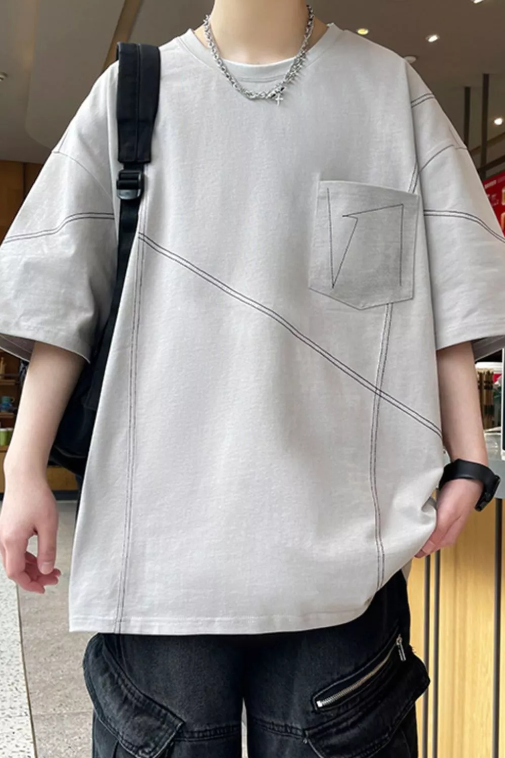 Men's Plus Size Contrast Stitching Oversized Round Neck T-Shirt, image 7