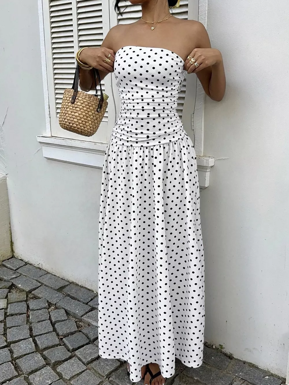 Polka Dot Ruched Strapless Maxi Dress, image 2