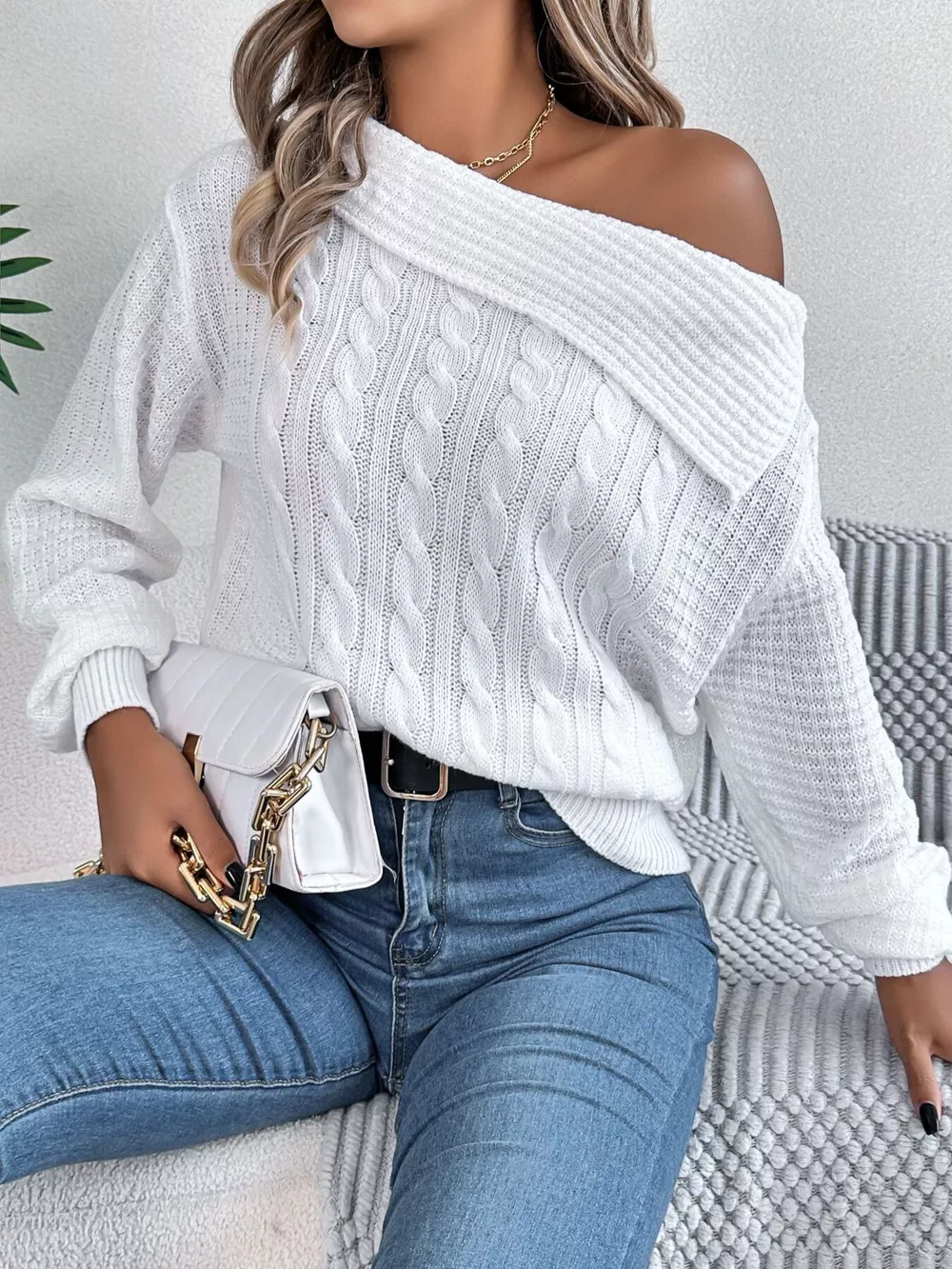 One Shoulder Cable Knit Sweater, image 3