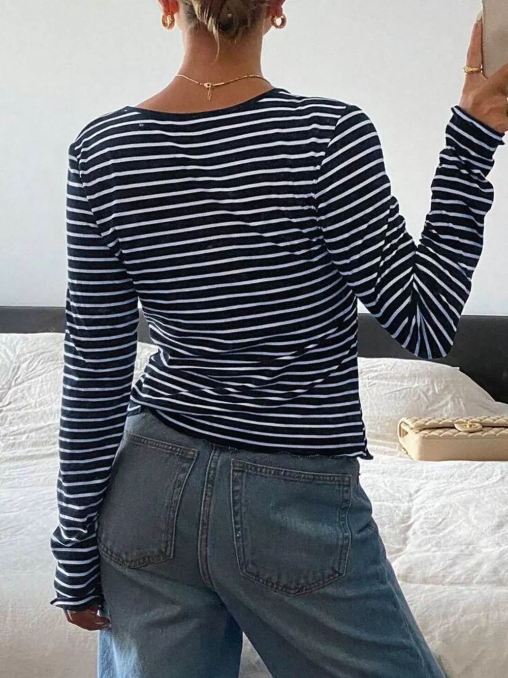 Long Sleeve Striped Henley T-Shirt, image 9