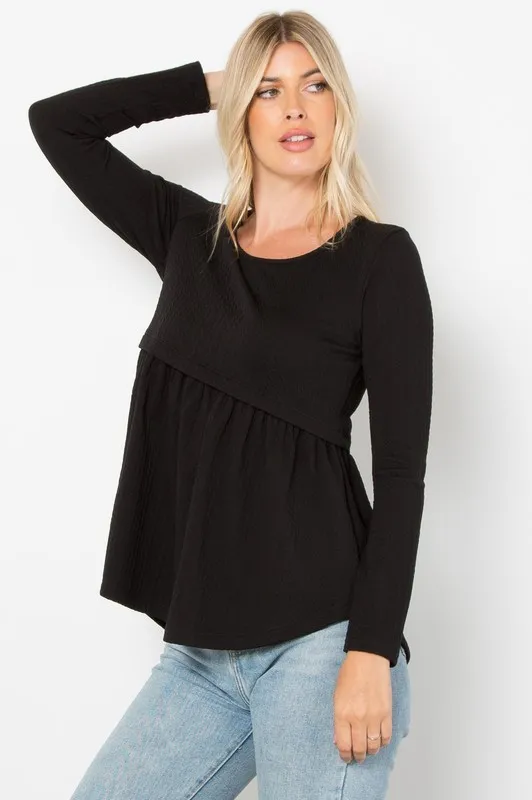 Full Size Texture Babydoll Round Neck Long Sleeve Knit Top, image 3