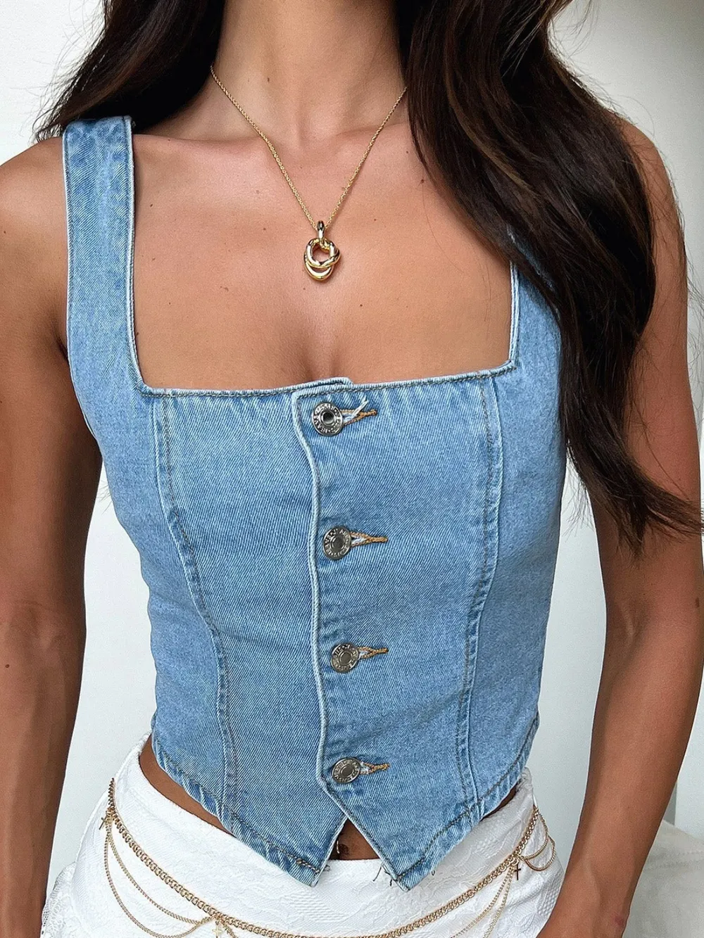 Smocked Square Neck Denim Top, image 4