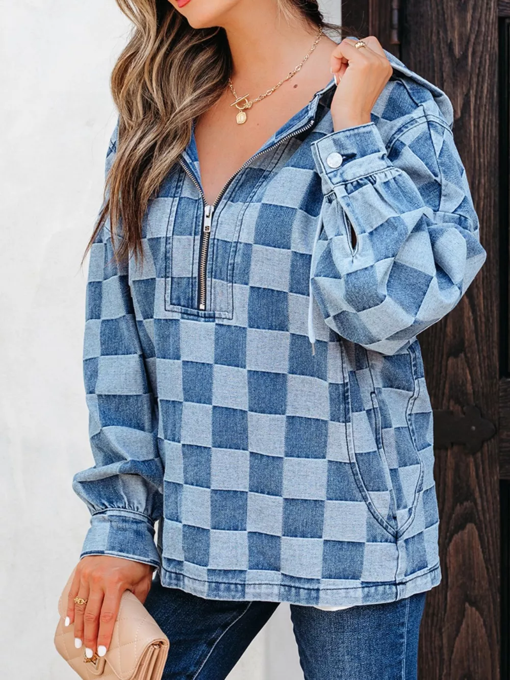 Checkered Half Zip Denim Hoodie Top, image 2