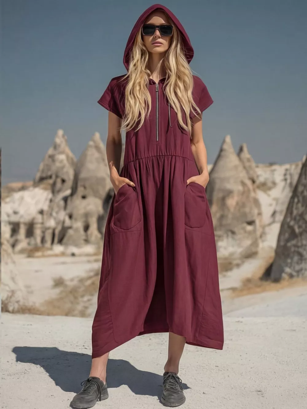 Full Size Hooded Midi Dress with Zipper and Pockets Plus Size, image 9