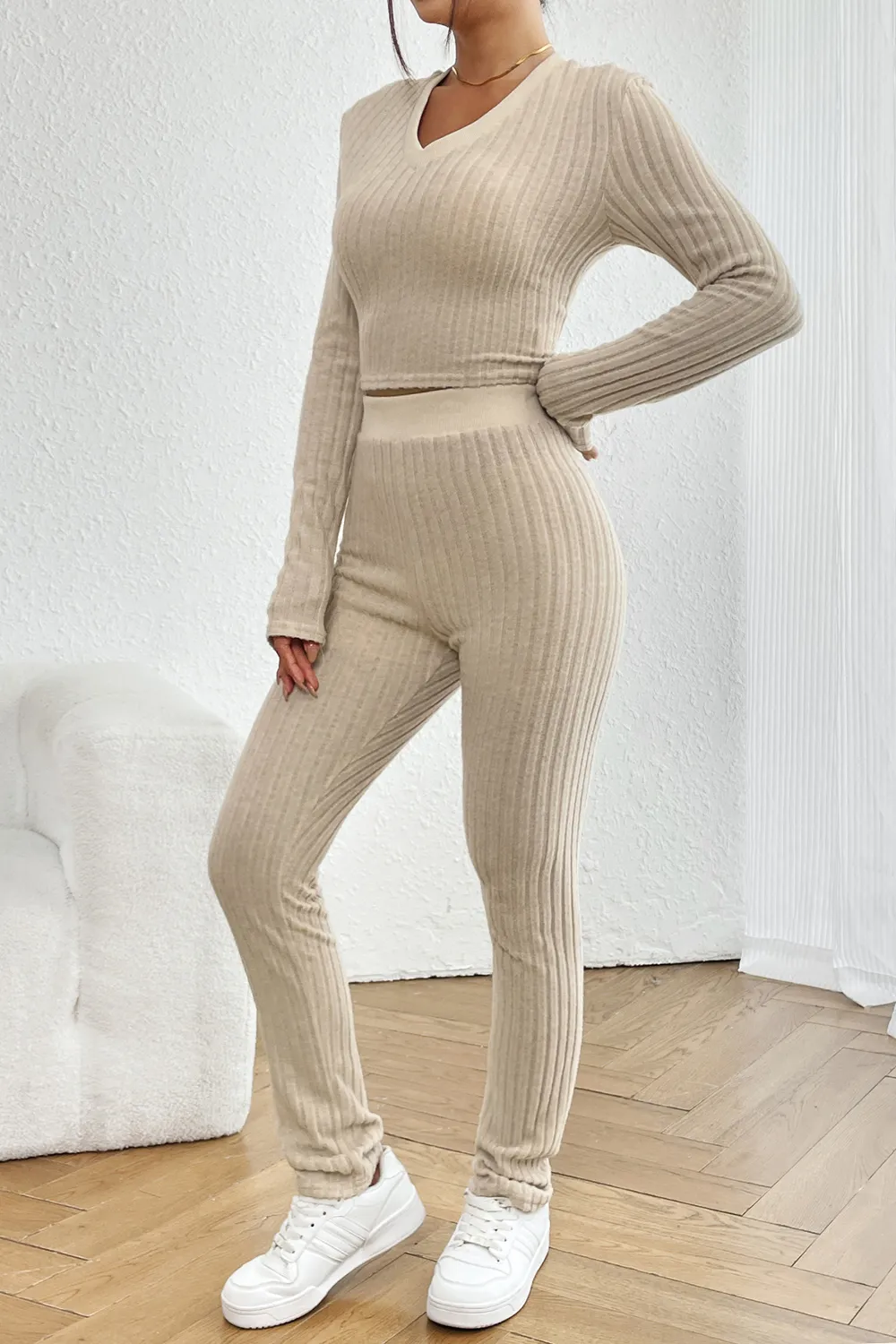 Ribbed V-Neck Long Sleeve Cropped Top and Pants Set, image 3