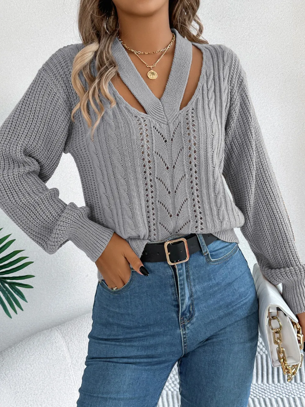 Cutout V-Neck Long Sleeve Sweater, image 12