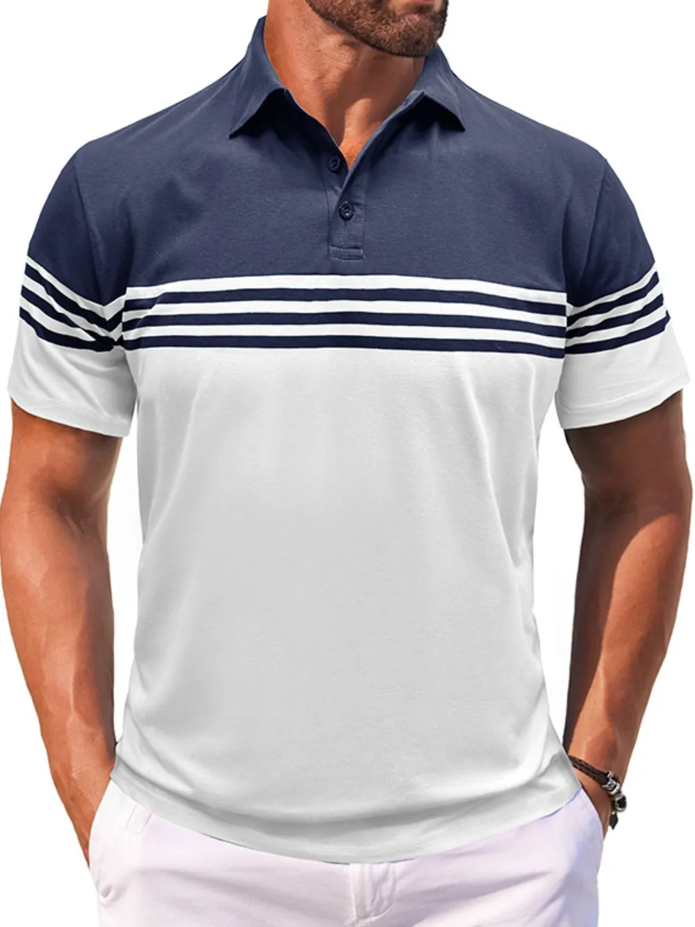 Men's Full Size Color Block Striped Polo Shirt Plus Size, image 6