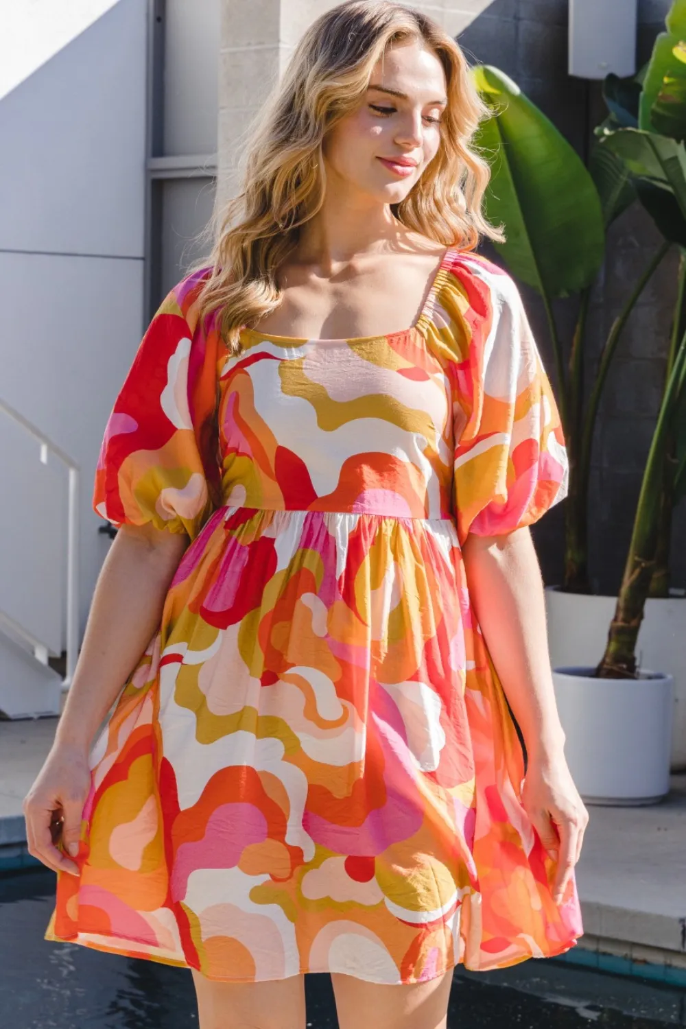 Full Size Printed Tied Back Short Sleeve Mini Dress, image 8
