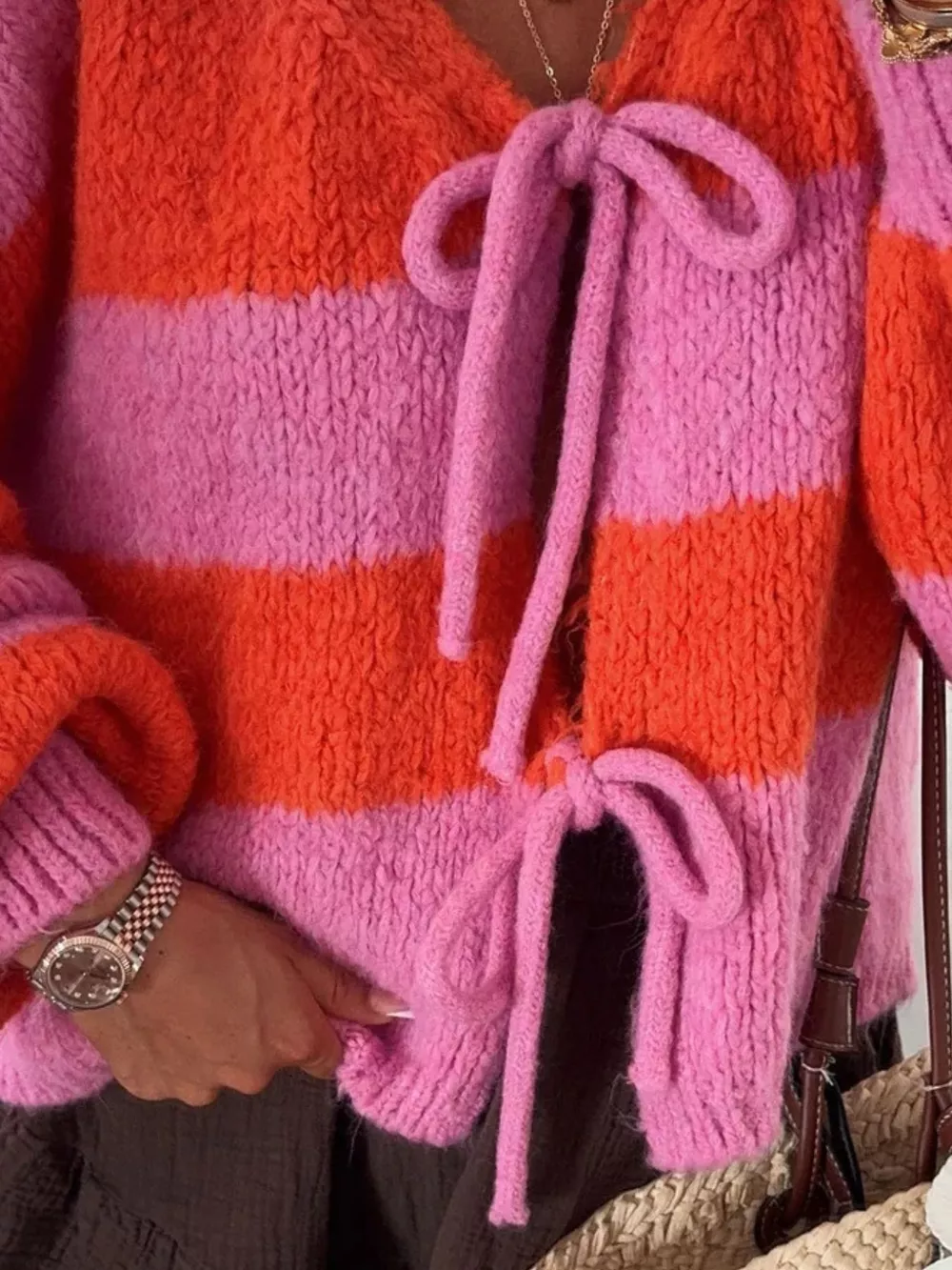 Striped Tie-Front Knit Cardigan, image 13