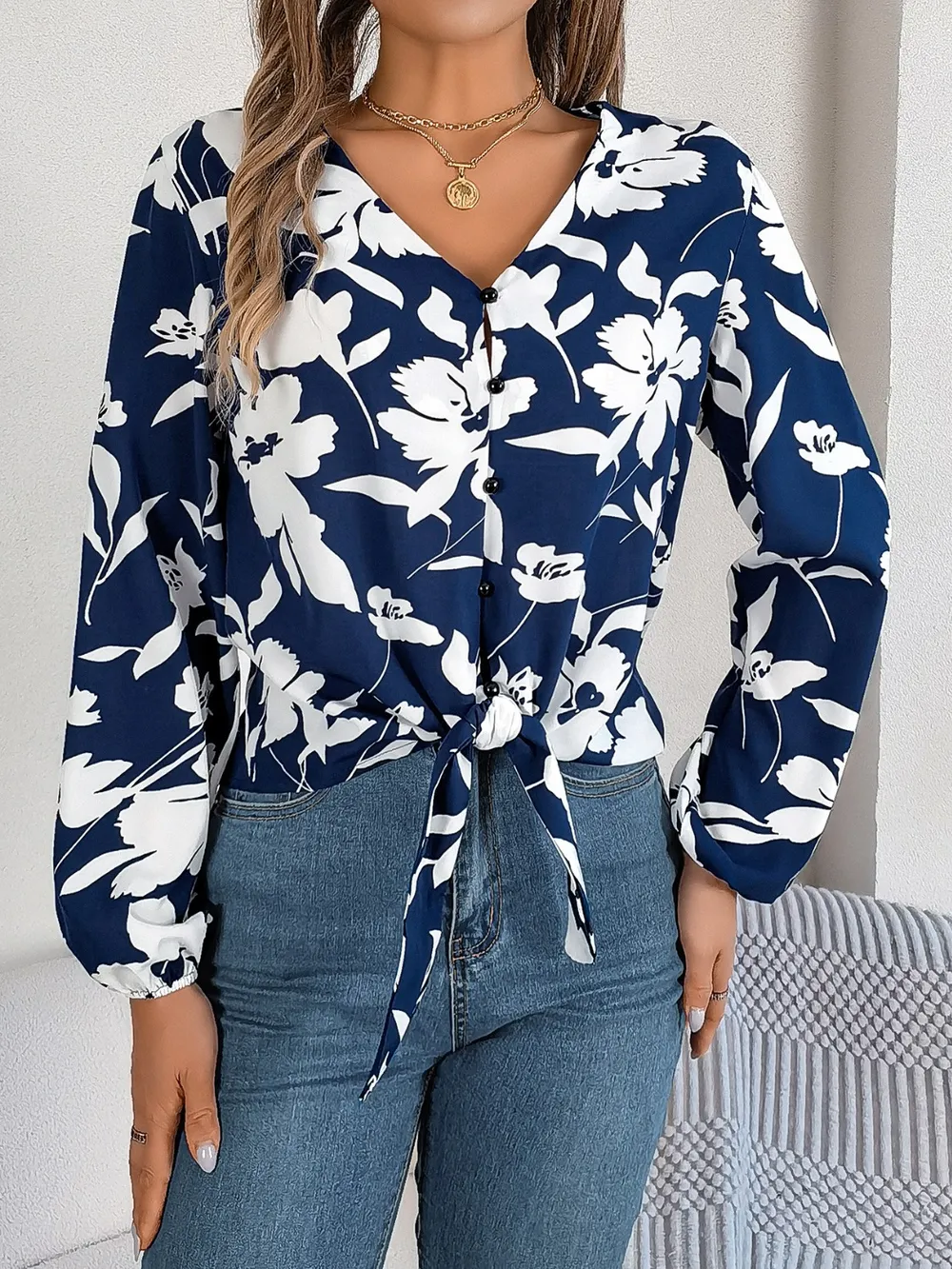 Printed V-Neck Long Sleeve Blouse, image 12
