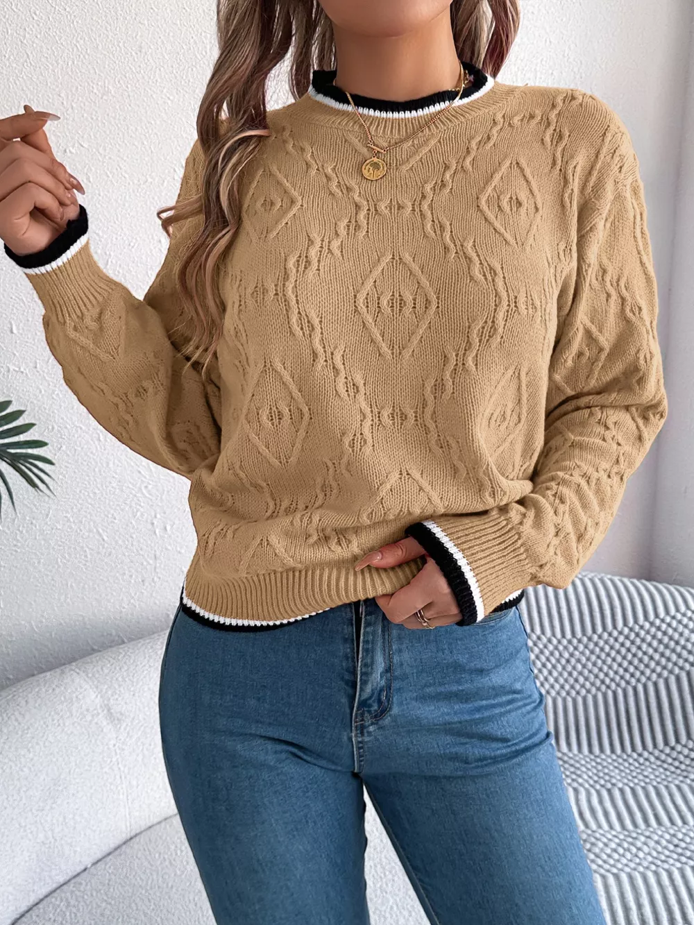 Contrast Trim Round Neck Sweater, image 7