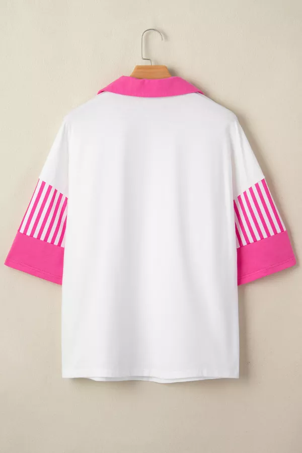 Striped Color Block Patchwork Polo Collar Half Sleeve T Shirt, image 5