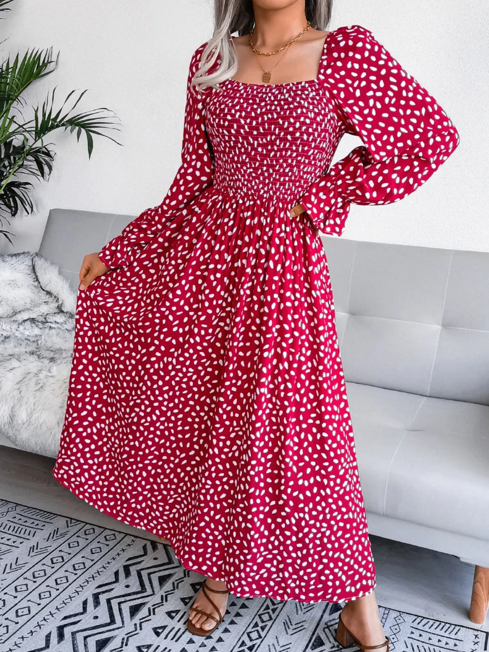 Smocked Square Neck Flounce Sleeve Dress, image 8