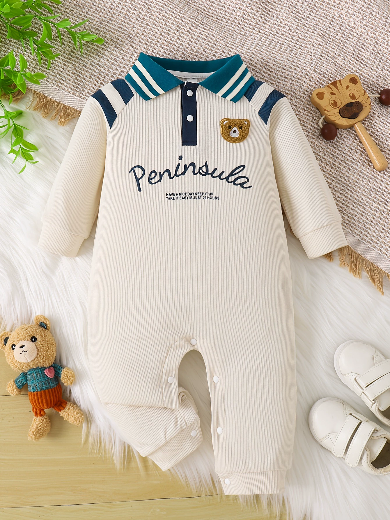 Children's Striped Collar Long Sleeve One-Piece