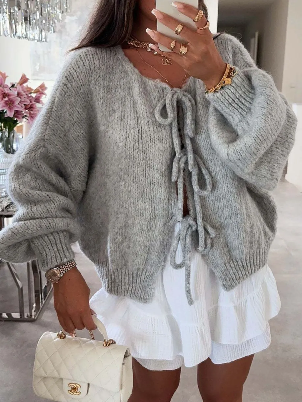 Cozy Bow-Tie Front Knit Cardigan, image 9